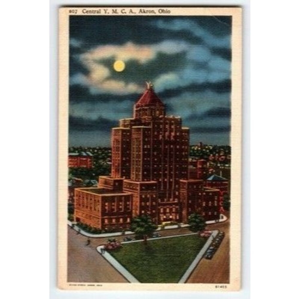 Linen Postcard Central YMCA Building Akron Ohio Night View 1930s